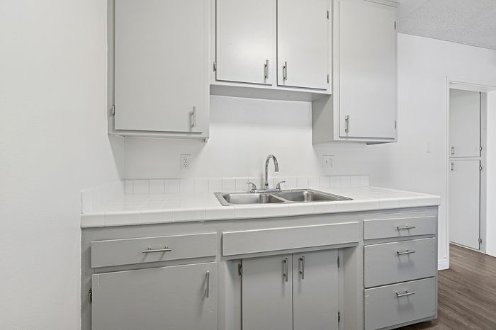 Modern kitchen with sleek white cabinetry and dual stainless steel sink, offering ample storage and functionality.