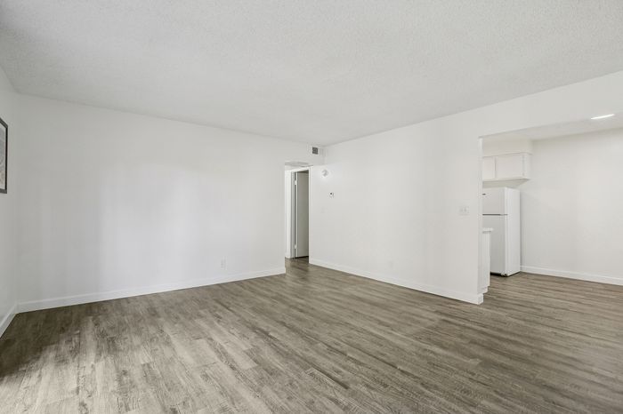 Modern apartment with sleek hardwood floors, open living space, and an inviting entryway to the kitchen.