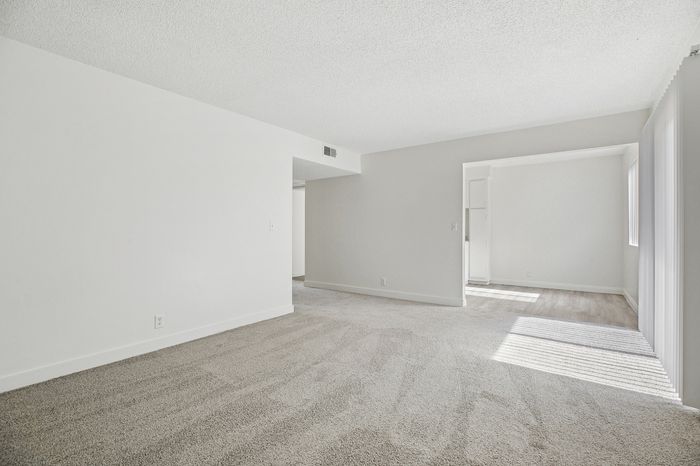 Bright and spacious living area with plush carpet, crisp white walls, and large windows offering ample natural light.