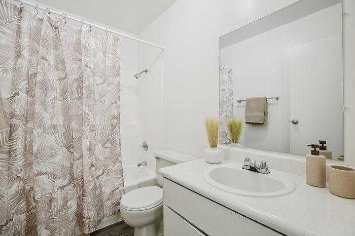 Elegant bathroom featuring a modern sink, decorative plants, and a stylish shower curtain with a tropical theme.