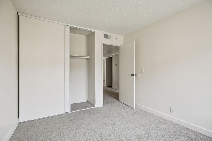 Bright bedroom with fresh carpet, sleek white walls, and a spacious sliding closet for modern living.