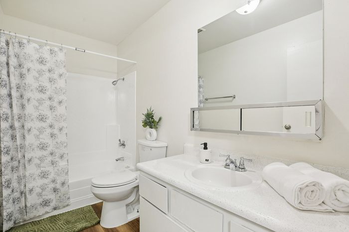 Bright and elegant bathroom featuring a spacious countertop with a large mirror, clean white fixtures, and a shower with a floral curtain.