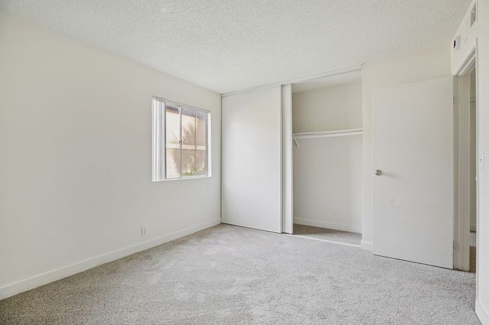 Bright and airy bedroom with plush carpet, large window, and spacious sliding-door closet.