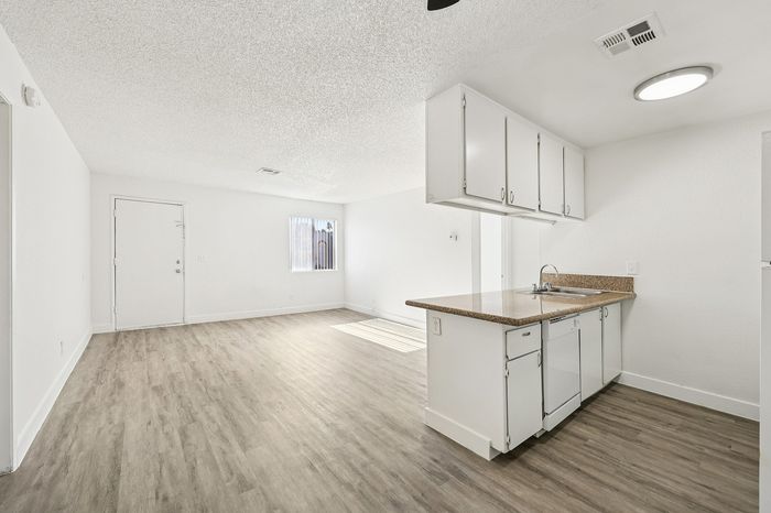 Bright and airy open-plan apartment featuring sleek hardwood floors and a modern kitchen with granite countertops.