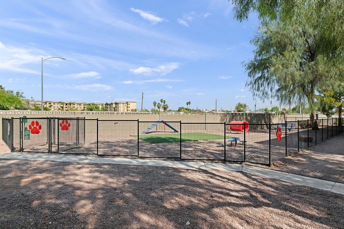 Inviting community dog park featuring agility equipment, fenced area, and serene surroundings under a clear blue sky.