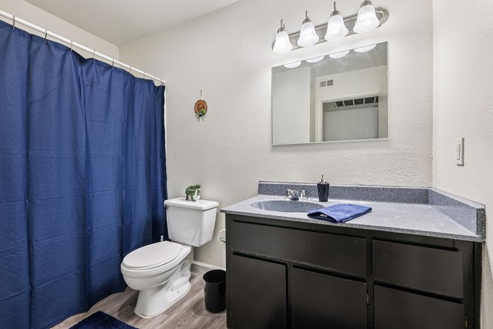 Elegant bathroom with sleek black vanity, spacious countertop, and stylish blue accents.