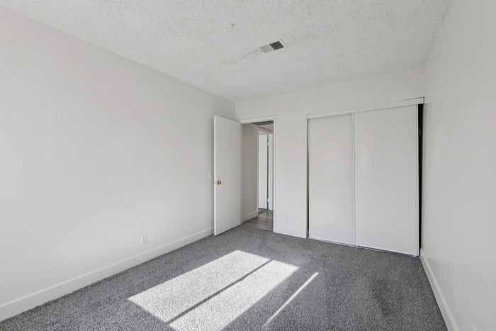 Bright, spacious bedroom featuring plush grey carpet and ample natural light, perfect for relaxation.
