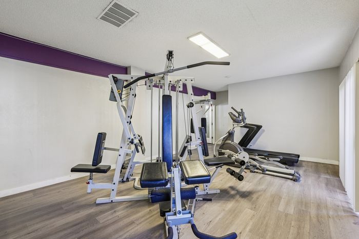 Modern fitness room equipped with premium exercise machines on sleek wooden flooring, highlighted by a stylish purple accent wall.