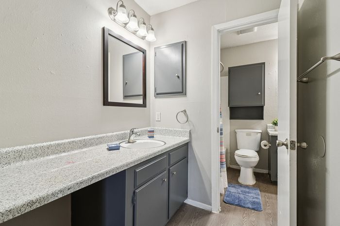 Chic bathroom with a sleek granite countertop, modern fixtures, and elegant lighting, offering a stylish and inviting atmosphere.