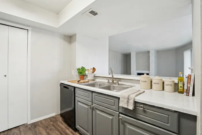 Stylish kitchen with modern gray cabinetry, elegant countertop, and open view to the cozy living area. Perfect for entertaining and culinary creations.