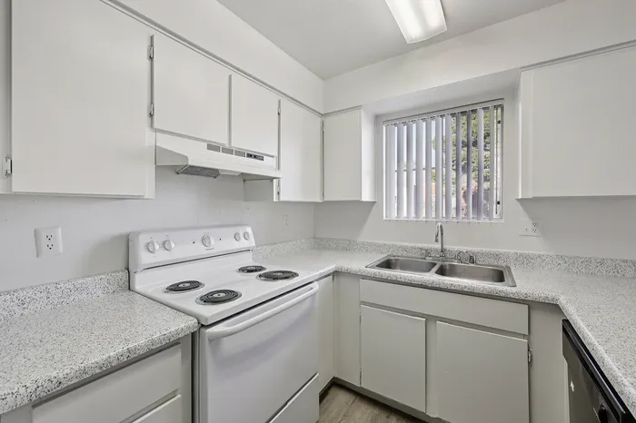 Bright and modern kitchen featuring sleek white cabinetry, granite countertops, and a double sink with a view of the outdoors.