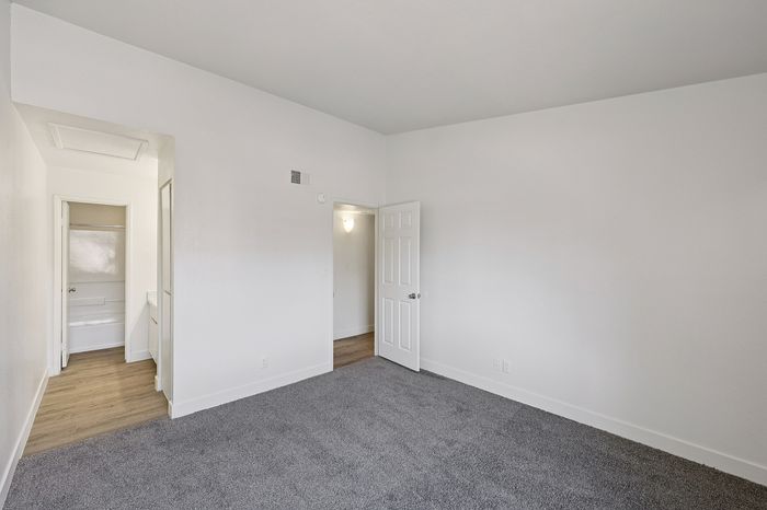 Bright room with plush carpeting, white walls, and a walk-in closet for modern living.