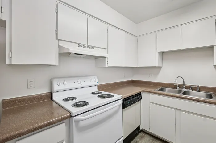 Modern kitchen with sleek white cabinetry, spacious countertops, and energy-efficient appliances.