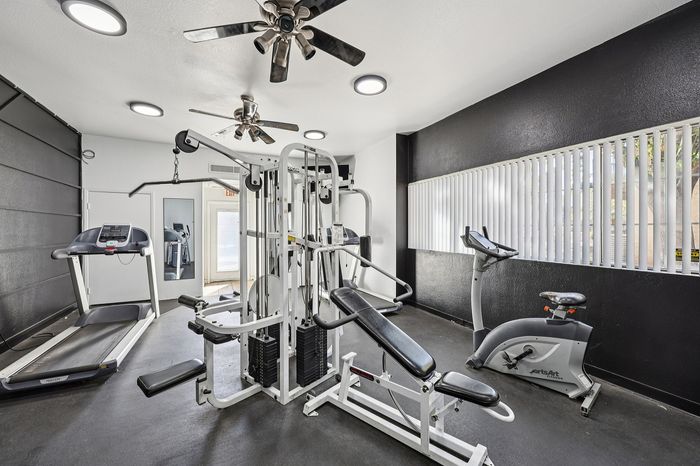 Modern apartment gym featuring top-notch workout equipment, including a treadmill, stationary bike, and multi-functional weight machine, in a bright and inviting space.