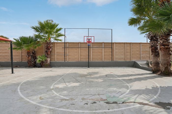 Inviting outdoor basketball court with palm trees and a clear blue sky, perfect for active living.