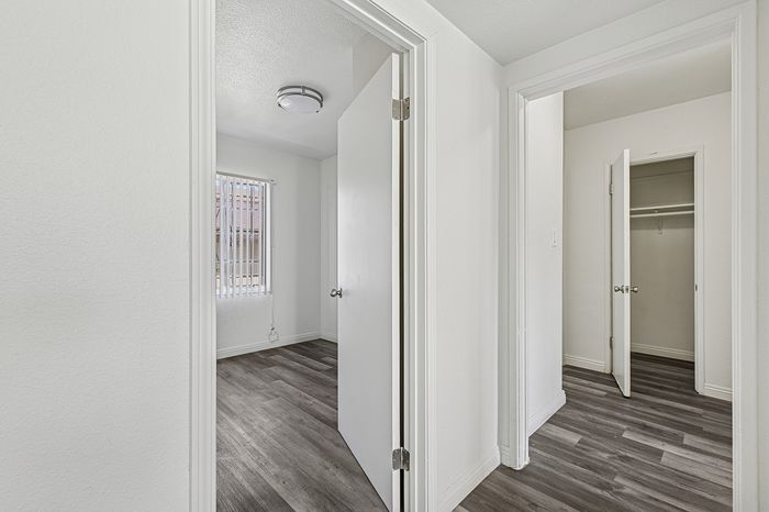 Bright hallway view showcasing elegant wood flooring, leading to a cozy bedroom and spacious closet.
