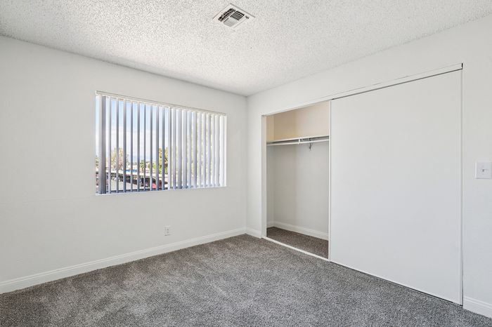 Bright and airy bedroom with plush carpeting, large window with vertical blinds, and spacious closet with sliding doors.