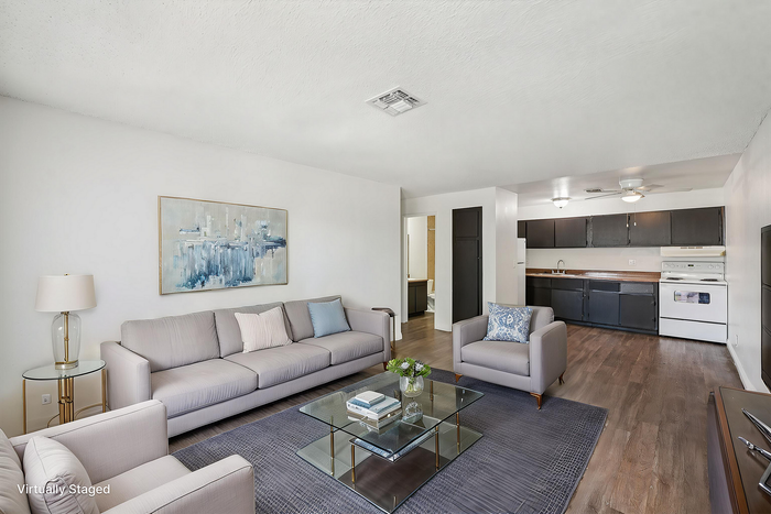 Modern living room with elegant gray sofas, contemporary glass coffee table, and open-concept kitchen featuring sleek dark cabinetry and classic appliances.