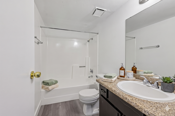 Modern bathroom with sleek design featuring a pristine white bathtub, elegant vanity with granite countertop, and stylish decor accents.