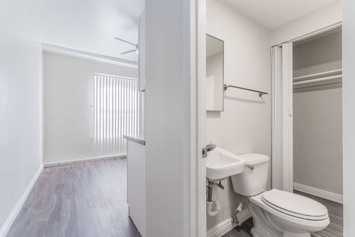 Bright, airy apartment featuring sleek flooring, a modern bathroom with built-in closet, and a sunlit living space.