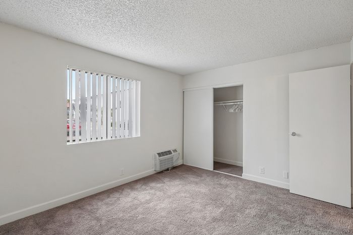Bright and airy bedroom with large window and cozy carpet, featuring a spacious closet with sliding doors.