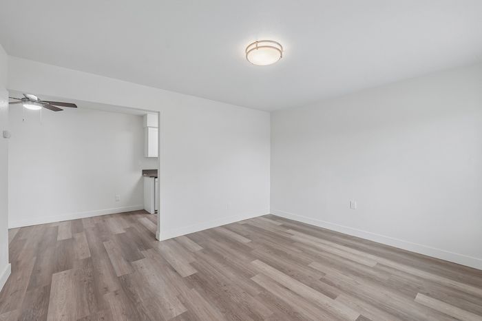Bright, modern apartment with elegant wood flooring and a sleek ceiling fan, leading to a cozy kitchen area.