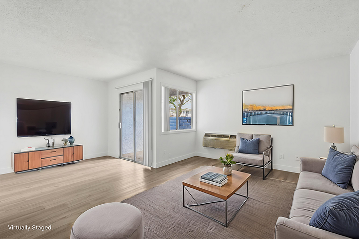 Bright and modern living room with elegant furniture, large TV, and natural light flooding through sliding glass doors.