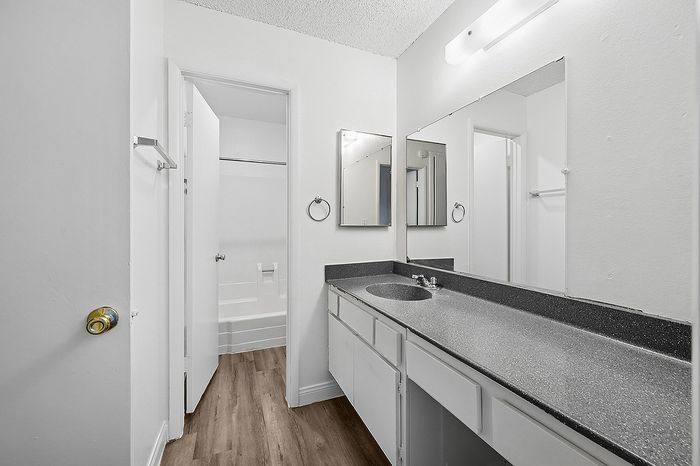 Bright and modern bathroom with sleek counter, large mirrors, and stylish wood flooring.