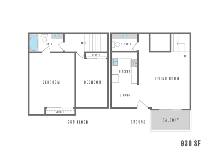 Contemporary floor plan of a 930 sq ft apartment featuring two bedrooms on the second floor, a full bath, and an open-concept kitchen and living area with a balcony on the ground floor.