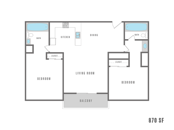 Modern 870 sq ft floor plan with 2 bedrooms, open living and dining area, stylish kitchen, and a private balcony.