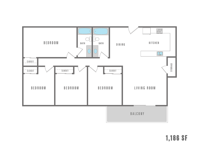 Modern floor plan with three bedrooms, spacious living room, open kitchen, and a balcony, totaling 1,186 square feet.
