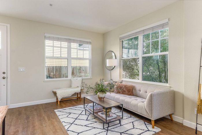 Livingroom with abundant natural lighting streaming through four windows.