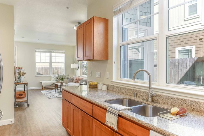 Kitchen with view of living room