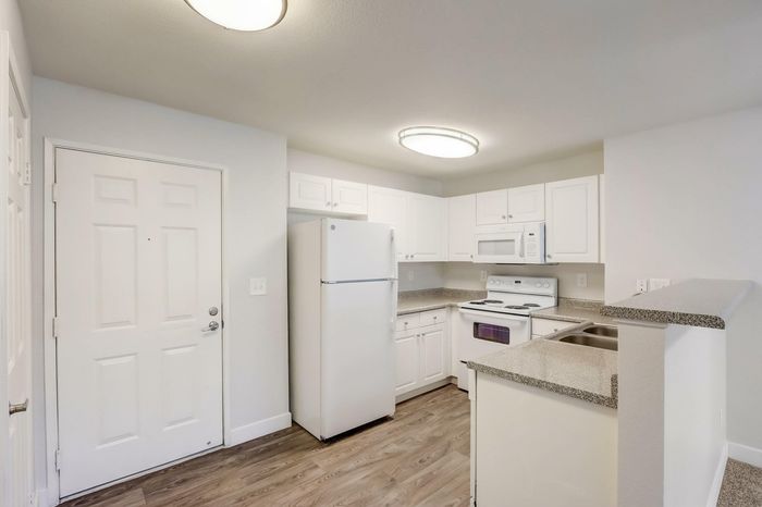 Fully equipped kitchen with wood-inspired flooring