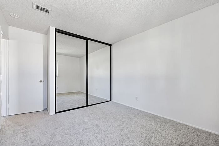 bedroom with carpet and closet with mirrored sliding doors