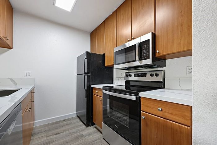 kitchen with vinyl wood like flooring and stainless steel appliances