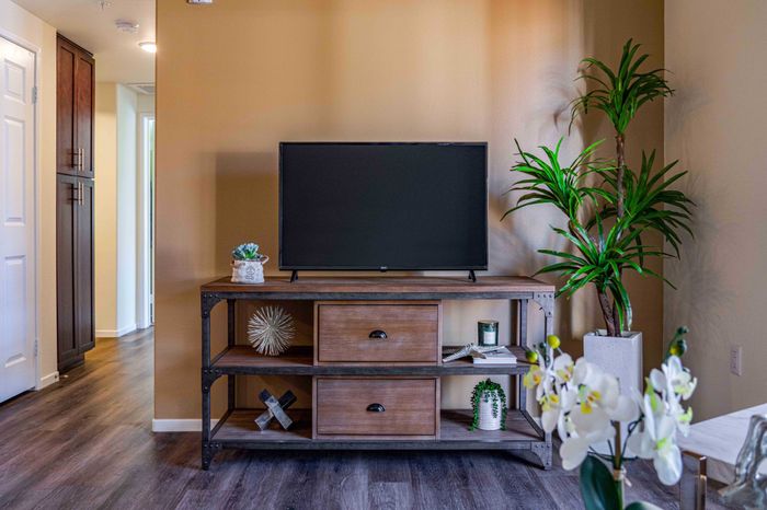 tv console and hallway to bedrooms at Turtle Creek apartments