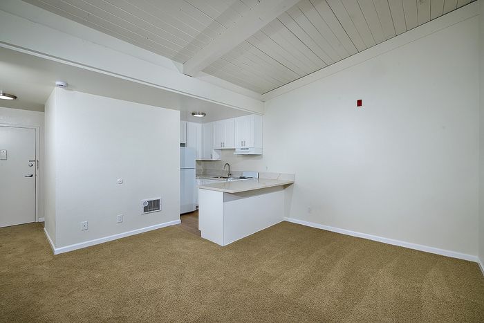 Large living room with plush carpet and vaulted ceiling and kitchen area