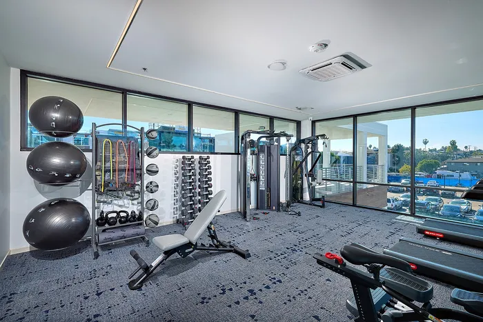 Rnovated gym featuring treadmills, an elliptical, stationary bike, two weight machines, free weights, medicine balls, kettle bells and more.