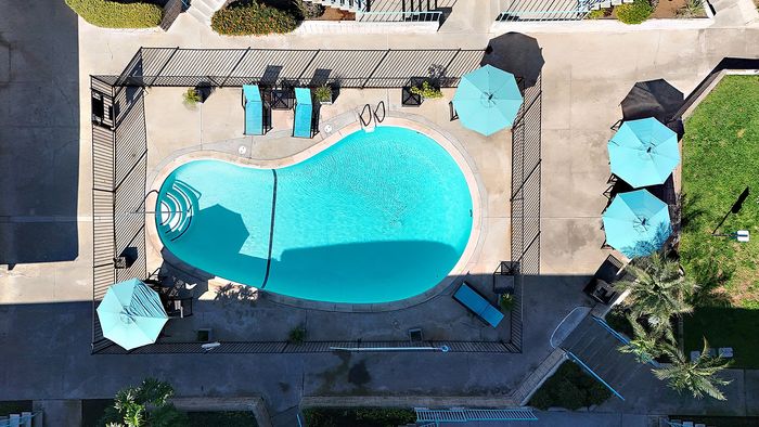 Aerial View of Pool and Lounge Area and Picnic Tables