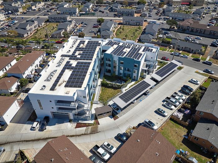 Apartments for Rent Linda Vista, CA - Citrino - Exterior with Nearby Parking Lot, Aerial View, and Street Access