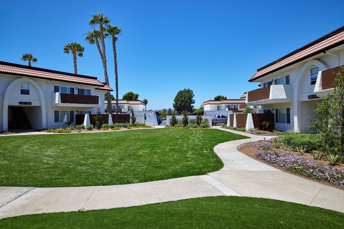 lush green courtyard and walking paths
