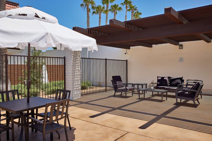 shaded area with picnic tables