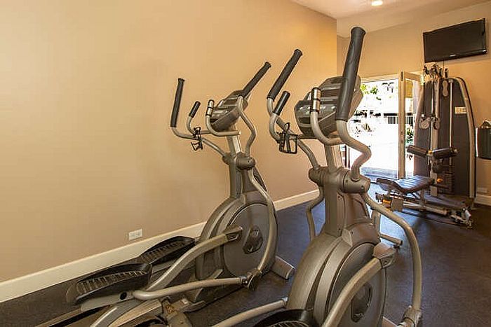 Interior view of the on-site fitness center featuring modern elliptical machines and large windows for natural light.