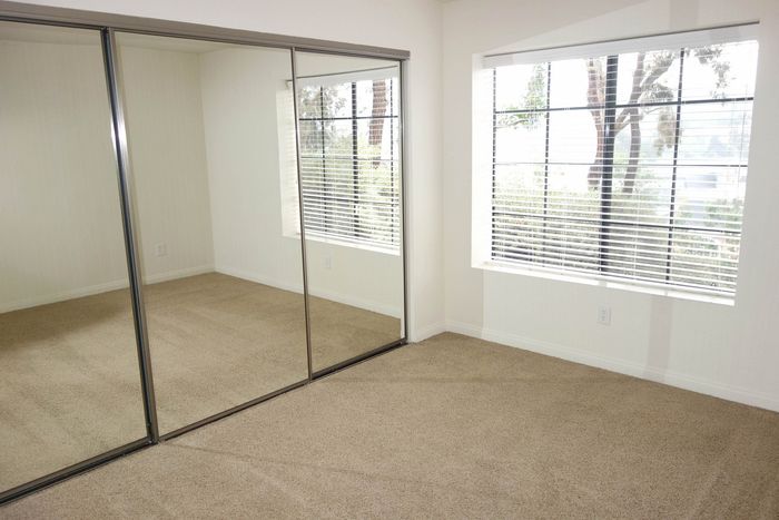 A spacious bedroom featuring a large window for natural light and a floor-to-ceiling mirrored closet.