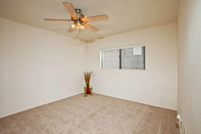 Cozy bedroom with neutral carpeting, a ceiling fan, and natural light.