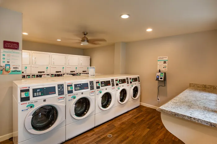 Community laundry facility with multiple modern front-loading washers and dryers.