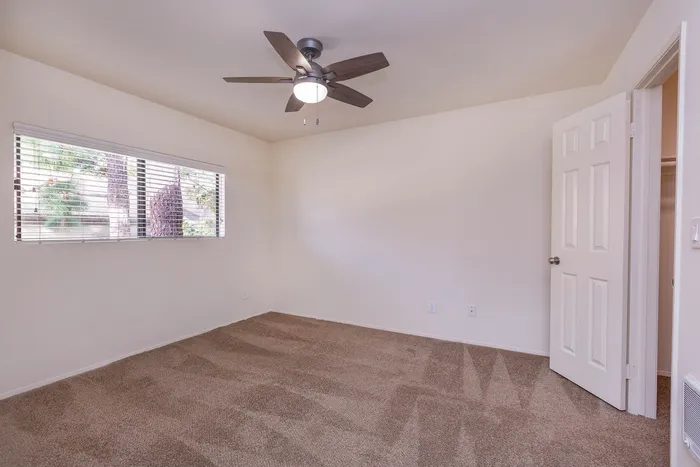 Bright bedroom featuring a ceiling fan, plush carpet, and a large window.