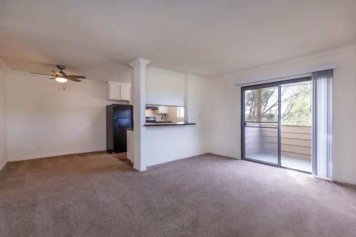 Open-concept living area with plush carpeting and sliding glass door access to a balcony.
