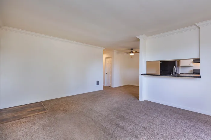 Spacious living room showing the pass-through breakfast bar to the kitchen.